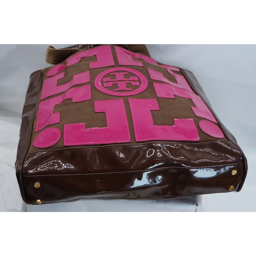 TORY BURCH TALL CANVAS & PATENT PINK & BROWN TOTE - Picture 8 of 9